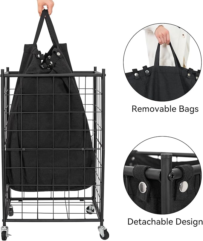 WOWLIVE Laundry Hamper with Wheels,Metal Wire Frame Rolling Laundry Basket with Removable bag,100L Dirty Clothes Hamper Organizer Dorm Room Storage for Bedroom,Bathroom,Black - Image 6
