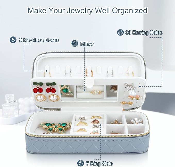 DesignSter Travel Jewelry Case, Woven Embossed PU Leather Jewelry Organizer with Mirror, Small Portable Jewelry Box for Women Rings Necklaces Bracelets Earrings - Image 2