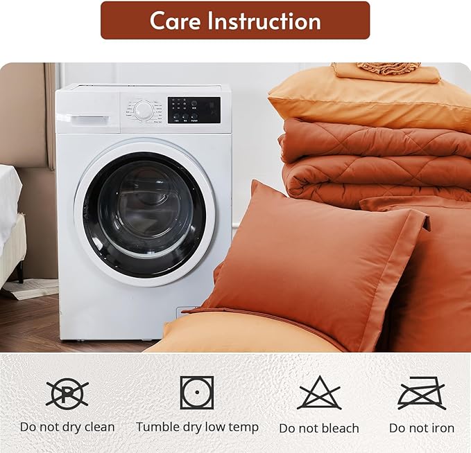 MUXHOMO 7 Pieces Full Comforter Set, Reversible Bed in a Bag Full Size, All Season Bedding Set with Comforter, Flat Sheet, Fitted Sheet, Pillowcases & Shams, Burnt Orange & Camel