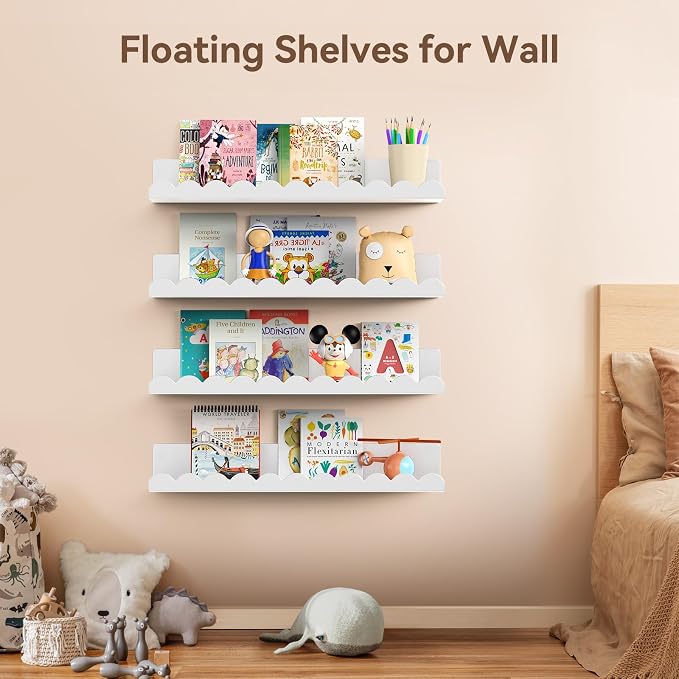 Nursery Book Shelves, 17 Inch Metal Floating Shelves for Wall 4 Pack, Scalloped Shelves, Wall Mounted Book Shelf for Kids Bedroom, Baby Room, Nursery Decor (White) - Image 5