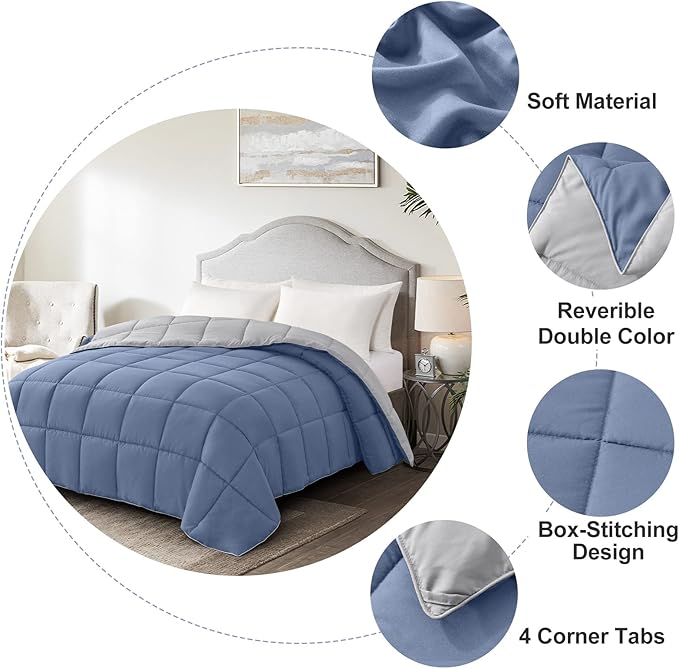 Homelike Moment Comforter King Size - Blue Duvet Insert Down Alternative Bed King Comforter, Lightweight Bedding Comforters Quilted Soft All Season Reversible Blue/Grey