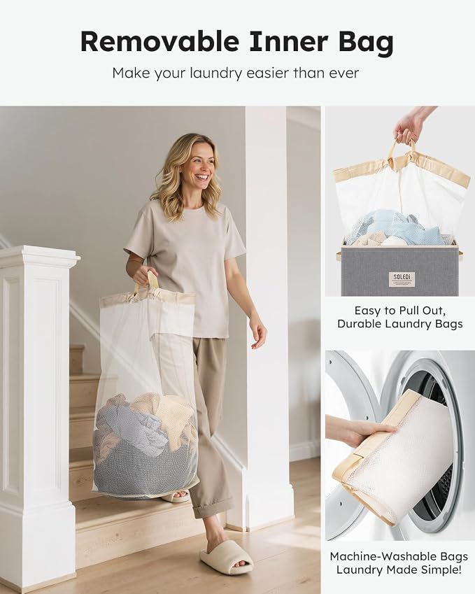 SOLEDI Laundry Hamper with Lid 100L Large & Tall Collapsible Laundry Basket, Clothes Hamper with Bag Removable Easy to Carry, Dirty Hampers for Bedroom, Bathroom, Dorm, College, Light Grey - Image 4