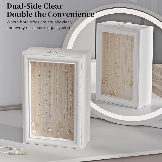 Necklace Organizer Box - 2-Layer Double-Sided Clear Lid Jewelry Storage Case, Anti-Tangle Necklaces Display Holder for Pendants Bracelets, Jewelry Organizer for Women Girls (White) - Image 3