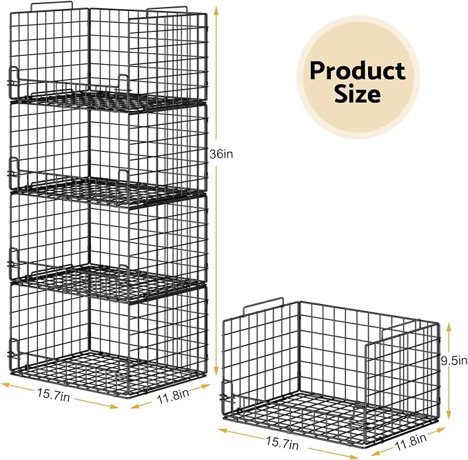 4-Tier Stackable Closet Organizers and Storage Basket - Foldable Closet Shelf Organizer System, Sturdy Metal Space-Saving Clothes Storage Bins for Wardrobe, Black - Image 3