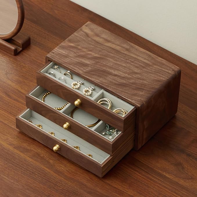 Wooden Jewelry Box for Women & Men, Large Velvet Lined Organizer with 3 Drawers, Solid Black Walnut Wood & Brass Handles, Earring Ring Necklace Storage Box by THFLSTR