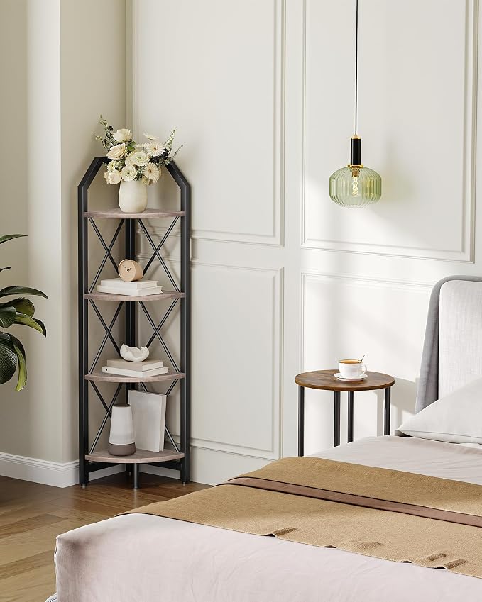 CHOEZON 4-Tier Corner Shelf, Industrial Corner Bookshelf, 47.6" Corner Storage Stand, Plant Stand Display Shelf, Corner Bookcase for Bedroom, Living Room, Home Office, Greige and Black TCJ09BG - Image 5