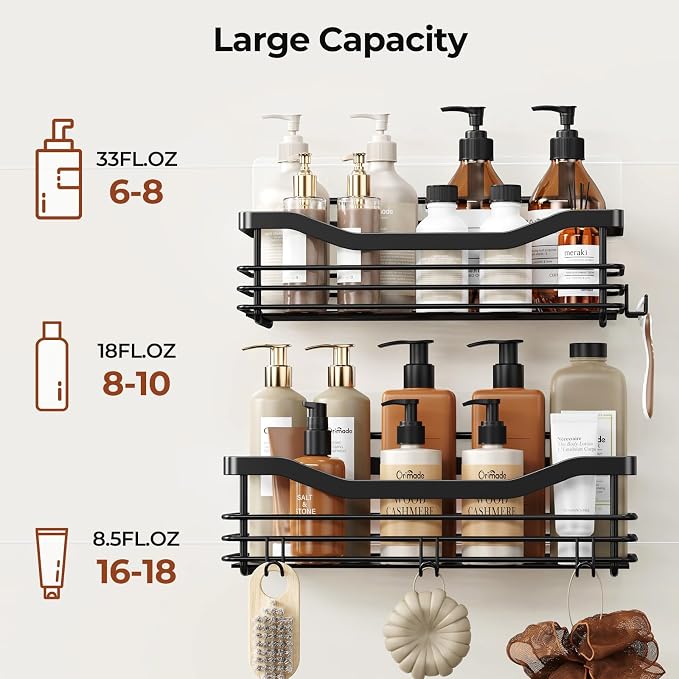 Orimade Shower Caddy Basket Shelf Storage Rack, No Drilling Wall Mounted Adhesive Rust Resistant Stainless Steel Shower Organizer with 5 Hooks for Bathroom, Black 2 Pack - Image 4