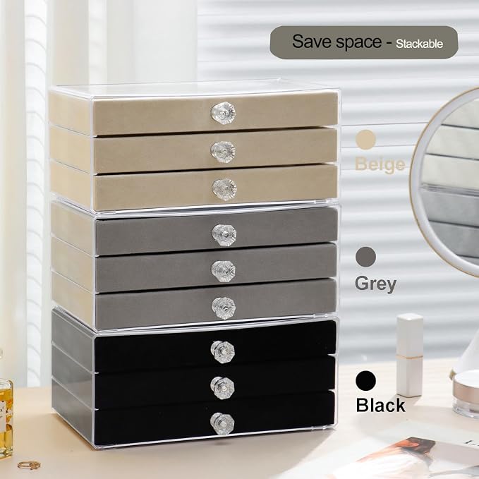 SPAKOWN Earring Box Holder Organizer Case, Clear Velvet Jewelry Storage Tray Organizer for Earring Ring Stud (Black - 3 Drawers) - Image 7