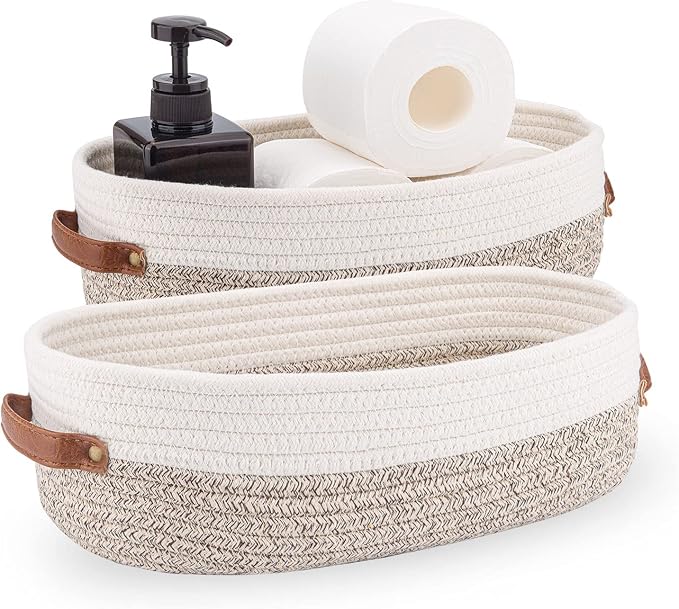 2 Pack Woven Storage Basket for Toilet Tank Top,Farmhouse Home Decor Organizing Basket for Bathroom,Table and Counter 13"x5.9"x4" Apricot Stitching White by Oradrem