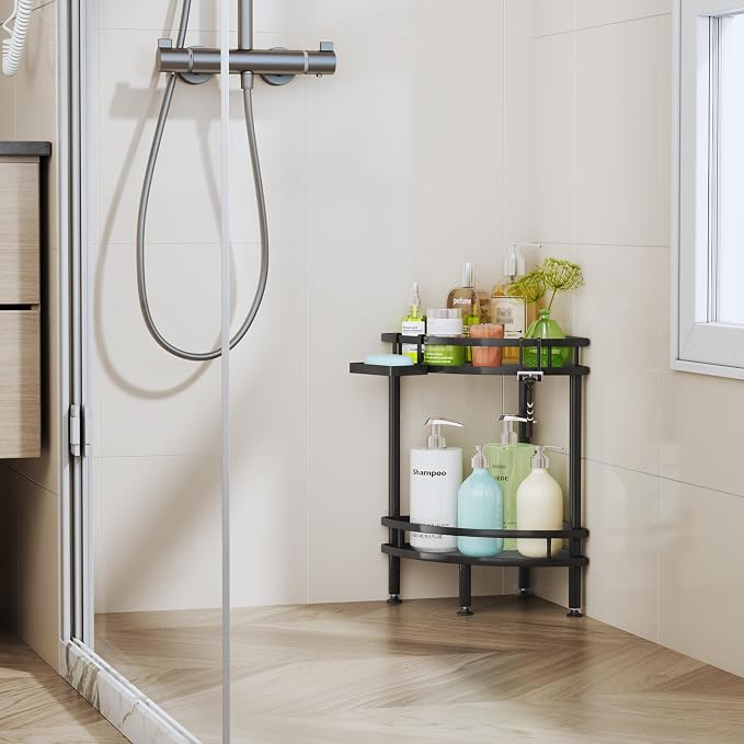 HapiRm Standing Corner Shower Caddy - 2 Tier Shower Organizer Corner with Soap Holder and 2 Hooks, Rustproof Bathroom Storage Shelves with Adhesives, Black - Image 6