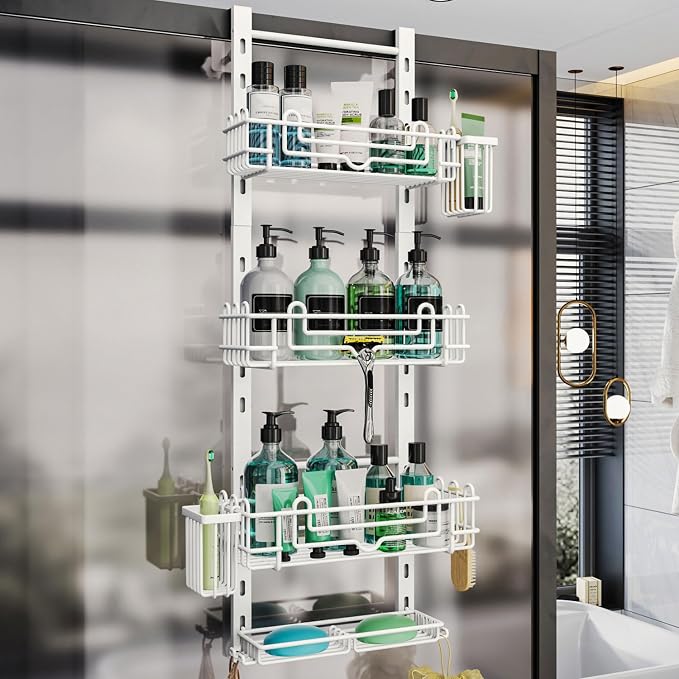 HapiRm 4 Tier Over the Door Shower Caddy, Hanging Shower Caddy with 22 Hooks and 2 Toothbrush Holders, No Drilling Adjustable Hanging Bathroom Organizer - White by HapiRm