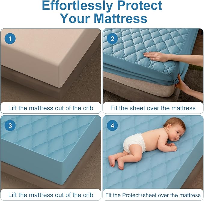 2Pack Waterproof Crib Mattress Protector,Cotton 52X28 Fitted Crib Sheets Crib Mattress Protector Sheets,Soft Toddler Bed Sheets,Washable Infant Fitted Baby Bed Sheets (Blue, 52X28inch)