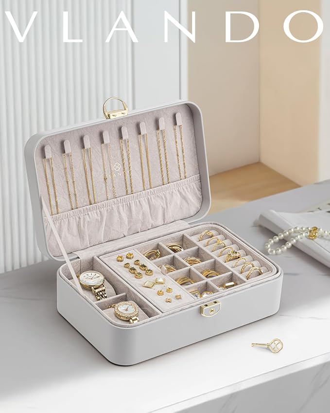 VLANDO 2 Layer Jewelry Box,Jewelry Organizer Storage Lockable Earring Organizer Removable Jewelry Tray with Watch Pillow for Neckable Ring Bracelets-Grey - Image 7