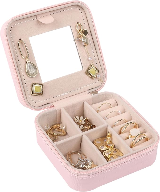OceeK Travel Jewelry Case Box Organizer with Mirror,Travel Jewelry Box Holder Stocking Stuffers,Pink,1 Pack - Image 7