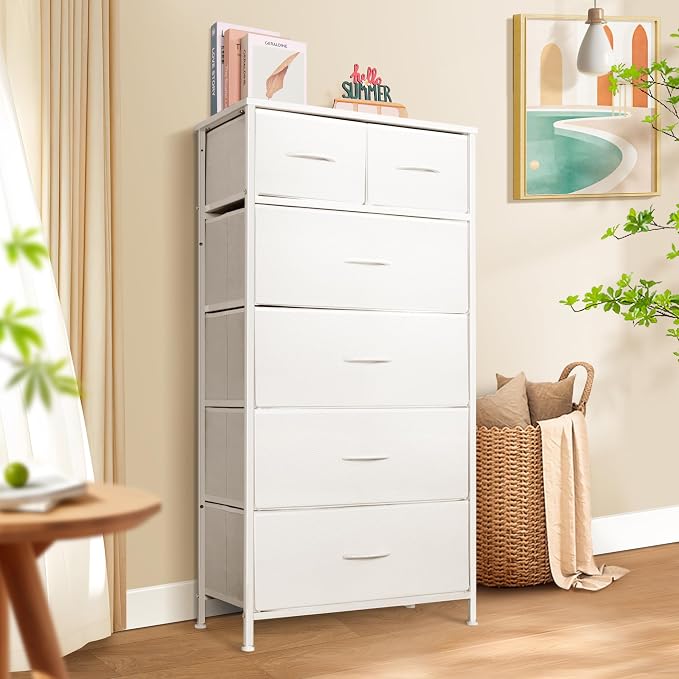 Mifuro Tall Dresser for Bedroom, Vertical Storage Organizer Tower with 6 Drawers, Chest of Drawers with Fabric Bins, Steel Frame, Wood Top for Bedroom, Closet, Entryway- White - Image 2