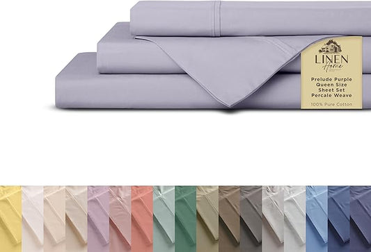 Linen Home Queen Percale Sheets 100% Cotton, 4-Piece Set, Deep Pocket Fits 16" Mattress Crisp Cool Breathable Bed Sheet Set, 1 Flat + 1 Fitted + 2 Pillowcases, Prelude Purple