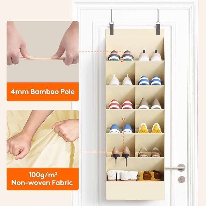 Lifewit 6 Tier Over the Door Shoe Organizer with 11 Large Deep Pockets, Fabric Hanging Shoes Shelf for Closet, Dorm Storage, Fit Up to 12 Pair Shoe Rack Holder for Sneakers, Boots, Beige - Image 5