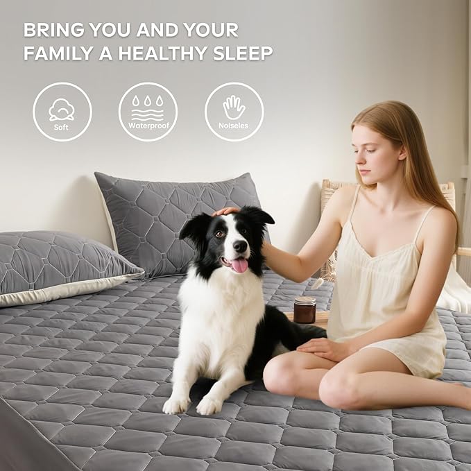 Queen Mattress Protector Waterproof, 18” Deep Pocket Fitted Sheet Queen+2pcs Pillow Cases - Leakproof, Oeko-TEX Certified, Breathable & Noiseless,Machine Washable (Dark Grey)