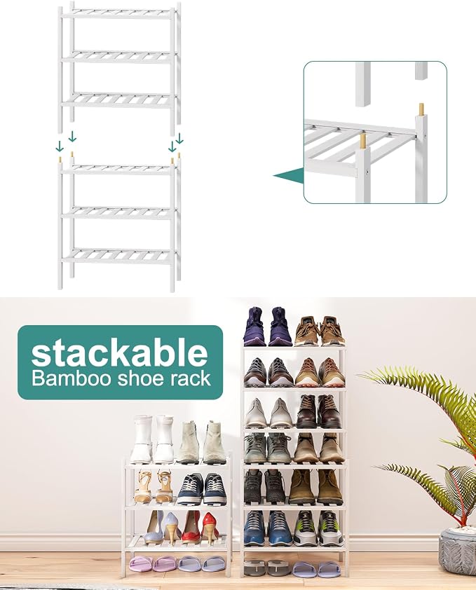 viewcare Small Shoe Rack for Entryway, White Shoe Organizer for Closet, Bamboo Wood Standing Shoe Shelf for Indoor Outdoor (White, 3-Tier_Samll) - Image 6