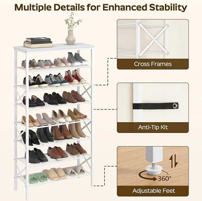 YATINEY 8 Tier Shoe Rack, Shoe Storage Organizer, Large Capacity Shoe Shelf Holds 32 Pairs of Shoes, Sturdy and Stable, for Entryway, Hallway, Closet, Dorm Room, White SS08WW - Image 7