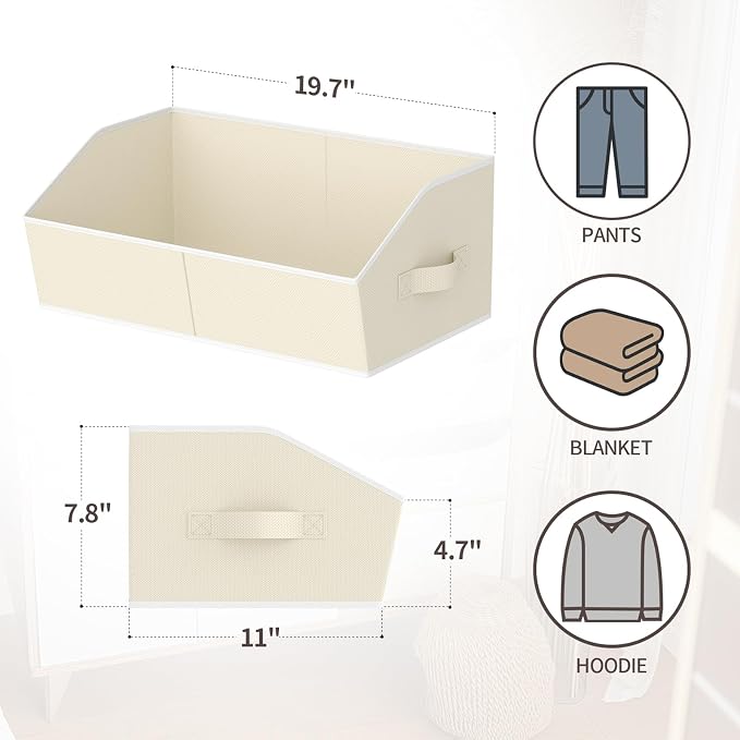 Homsorout Storage Bins for Shelves - Large Trapezoid Closet Shelf Organizer, Fabric Organization Bins with Handles, Storage Baskets for Clothes, Towel, Purse, 4 Pack, Beige - Image 2