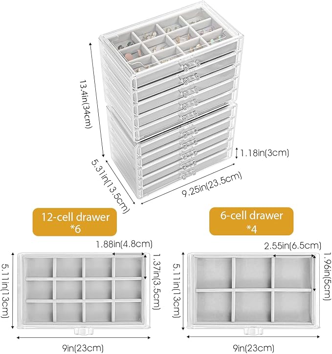 ProCase Earring Holder Organizer Jewelry Box with 10 Drawers, Acrylic Clear Earring Case with Adjustable Velvet Trays for Women - Grey, 10 Layers - Image 4