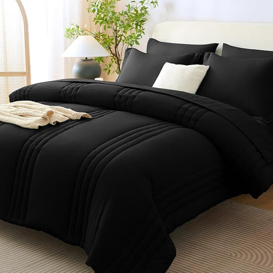 CozyLux Queen Size Comforter Sets - 7 Piece Bed in a Bag Black Comforter Set with Sheets Queen Bed Set All Seasons, Soft Bedding Set with Down Alternative Comforter, Sheets, Pillowcases & Shams