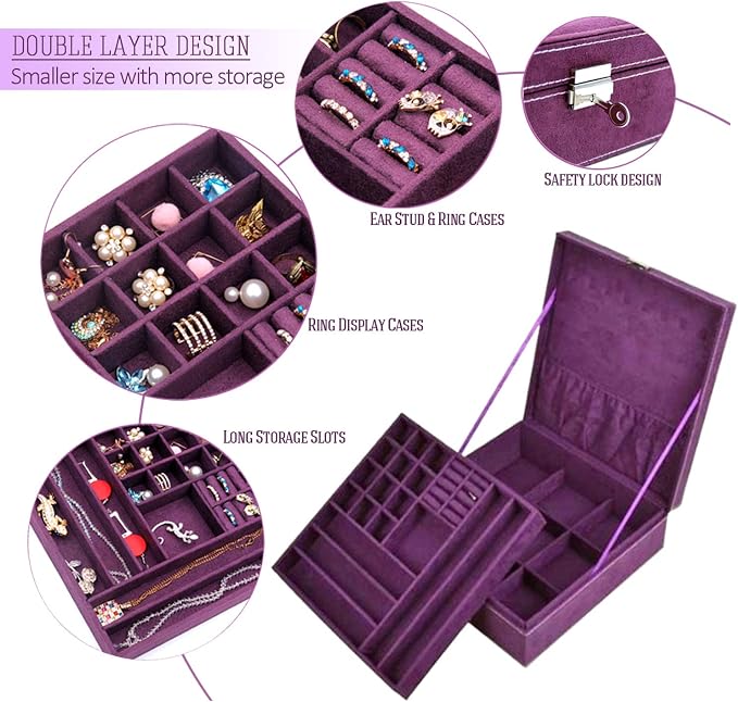 Two-Layer Jewelry Box Organizer Display Storage case with Lock (Purple) - Image 7