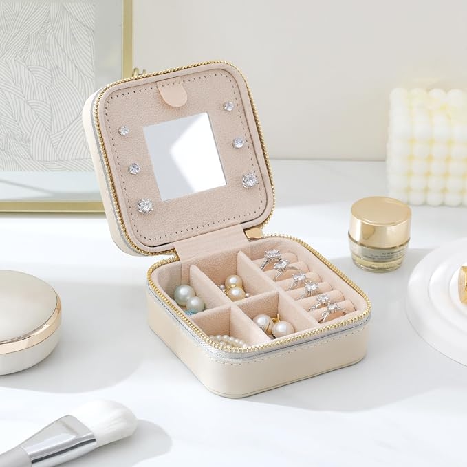 Genuine Leather Travel Jewelry Case Organizer with Mirror for Women, Small Jewelry Box Portable Mini Jewelry Case for Earring, Ring, Necklace, Bracelet(Beige) - Image 2