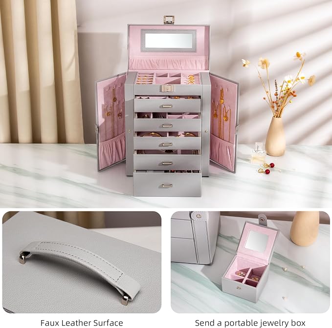 Large Jewelry Box,5-Tier PU Leather Jewelry Organizer with Lock,Multi-functional Storage Case with Mirror,Jewelry Organizer for Bracelets, Earrings, Rings, Necklaces, Mothers Day (GRAY) - Image 2