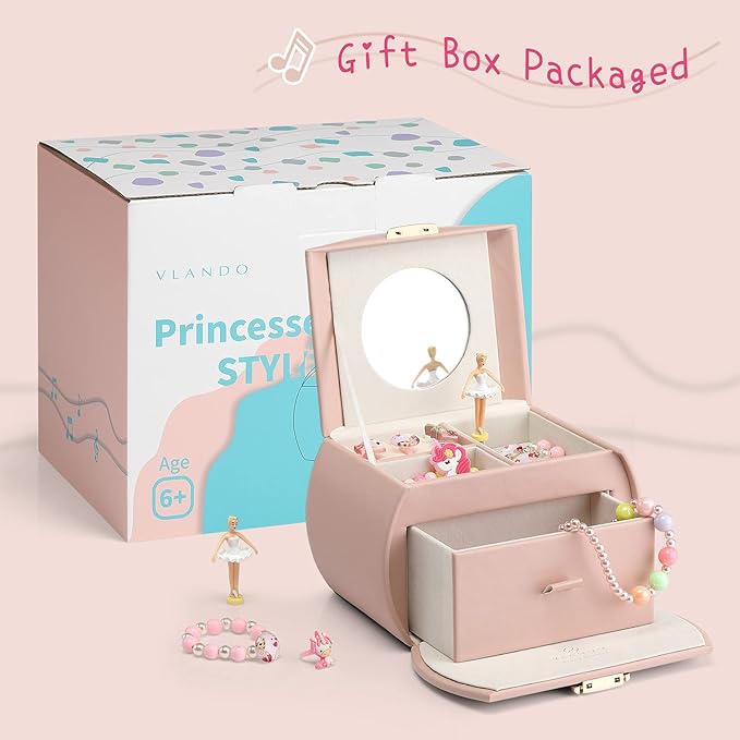 VLANDO Kids Musical Jewelry Box for Girls with Drawer, Music Box with Ballerina and Stickers for Birthday Bedroom Decor, Valentines Day Gifts for Daughter Girls Kids - Pink - Image 4