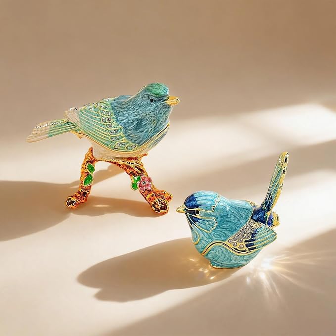 YU FENG Enamel Bird Trinket Box Jewelry Organizer, Hand Painted Decorative Hinged Keepsake Box – Blue Green Perched Bird - Image 7