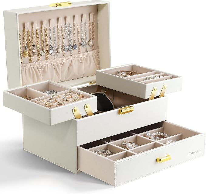 Dajasan Jewelry Organizer Box, Large Jewelry Boxes for Women Girls, Space-Saving 3 Layers Jewelry Storage Case with Drawer, Movable Metal Stand, Modern, Gift Idea (Cloud White + Gold) by DAJASAN