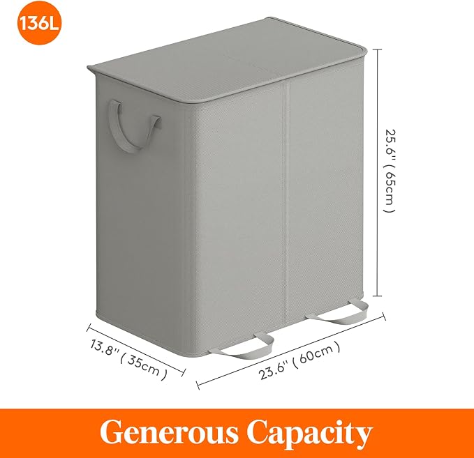 Lifewit Double Laundry Hamper with Lid and Removable Laundry Bags, Large Collapsible 2 Dividers Dirty Clothes Basket with Handles for Bedroom Laundry Room Closet Bathroom College, 136L Silver Gray - Image 5