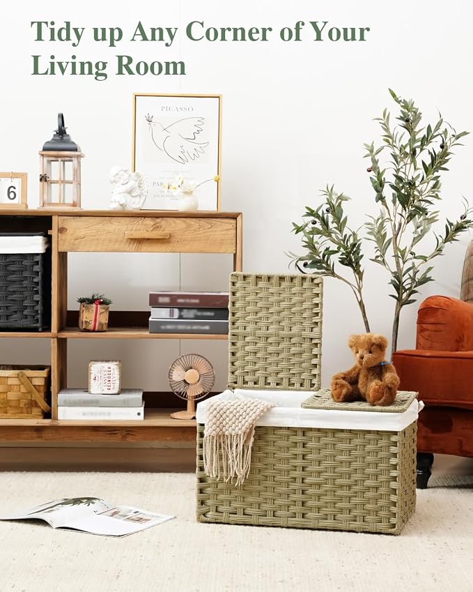 SETVSON Storage Basket with Lid Rattan Woven Storage Baskets with 2 Separate Lids, 17.2 Gallon (65 L), Wicker Storage Bins Foldable, 2 Removable Liner Bags Handles for Bedroom, Laundry Room Green - Image 5