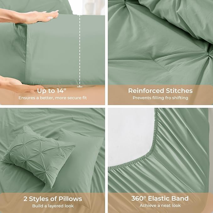 Sasttie Queen Comforter Set, 7-Piece Bed in a Bag, Pintuck Bedding Sets for All Season, Includes Comforter, Flat Sheet, Fitted Sheet, Pillowcases and Pillowshams, Sage Green