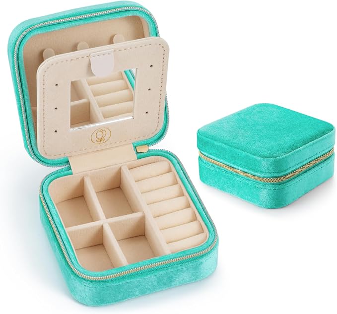 Plush Velvet Jewelry Travel Case,Small Jewelry Box,Traveling Jewelry Organizer, Portable Jewellery Storage Holder for Rings Earrings Necklace Bracelet, for Girls Women | CyanBlue-With Mirror by VOMNA