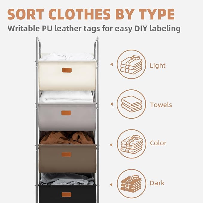 STORAGE MANIAC Vertical Rolling Laundry Hamper, 4 Section Laundry Sorter with Wheels and 2 Breaks, 4-tier Laundry Baskets for Small Space, Dorm, Laundry Room, Closet, Multicolored 4-tier - Image 5