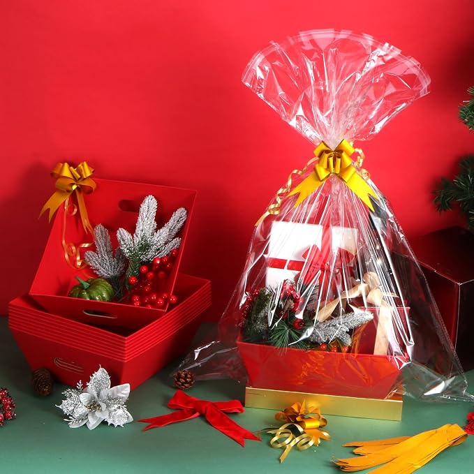 AFOROEOA 10PACK Red Baskets For Gifts Empty, 10x12”Thick Kraft Gift Basket with 10 Bows 10 Bags Empty Gift Baskets for Christmas, Easter, Birthdays, Snacks, Farmers Market - Image 3