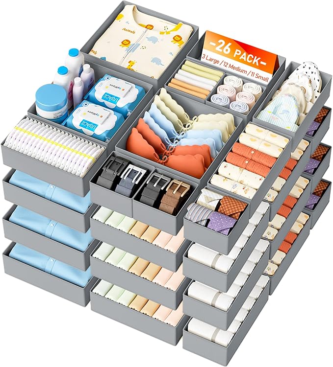 DIMJ Drawer Organizer Clothes 26 Pack - Foldable Baby Organizers and Storage & Closet Organizers for Bedroom, Closet - Nursery Organization Dresser Dividers for underwear, Sock,Bra, Belt, Tie,Gray by DiMJ