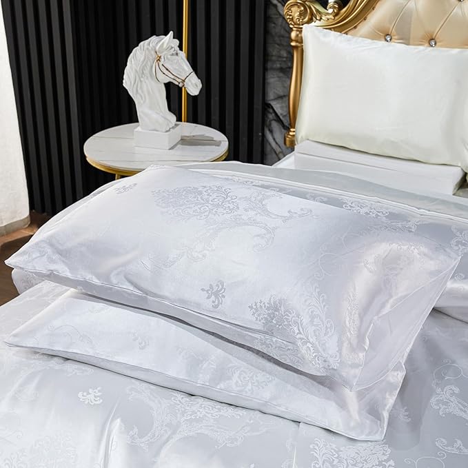 Jacquard Comforter Set White Sheet Set Satin Bedding Set Queen 8 Pcs Vintage Neoclassical Floral Bed Home Decor Soft Comforter Luxury Hotel Silky Bed in a Bag with 1 Cushion Cover