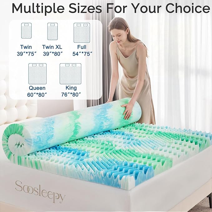 3 Inch 7-Zone Queen Memory Foam Mattress Topper Egg Crate Cooling Gel Infused Mattress Pad Bed Topper for Pressure Relief and Back Pain Soft & Breathable, CertiPUR-US Certified
