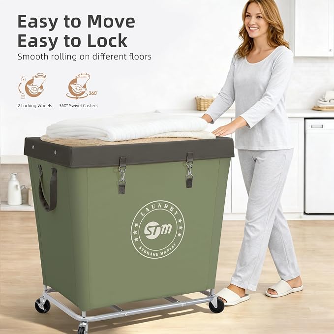 STORAGE MANIAC Commercial Laundry Hamper with Heavy Duty Steel Frame, 320 L Industrial Laundry Basket Cart with Wheels for Hotel, Home, Laundry Room, 31.7''L x 19.3''W x 30.91''H, Large Green - Image 5