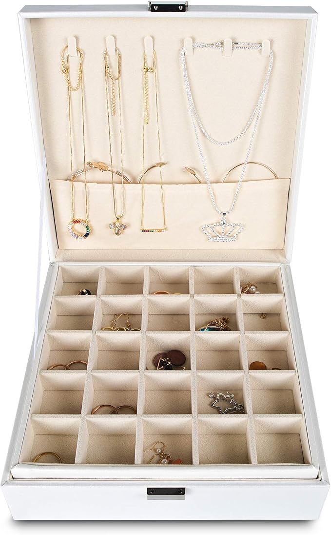 Frebeauty Earring Organizer Classic Jewelry Box 50 Slots Double Layer Jewelry Storage Case with 6 Necklace Hook and Bracelet Pocket(Pearl White) - Image 2
