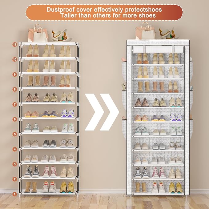 OYREL Shoes Rack 10 Tier Tall Shoe Rack with Storage Pockets, Fabric Covered Shoe Racks,Metal Shoes Rack Organizer for Closets,Bedroom, Garage - Image 4