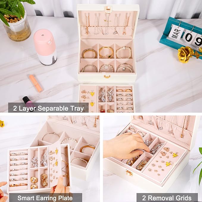 Voova Jewelry Box Organizer for Women Girls, 2 Layer Large Men Jewelry Storage Case, PU Leather Display Jewellery Holder with Removable Tray for Necklace Earrings Rings Bracelets, Vintage Gift, White - Image 3
