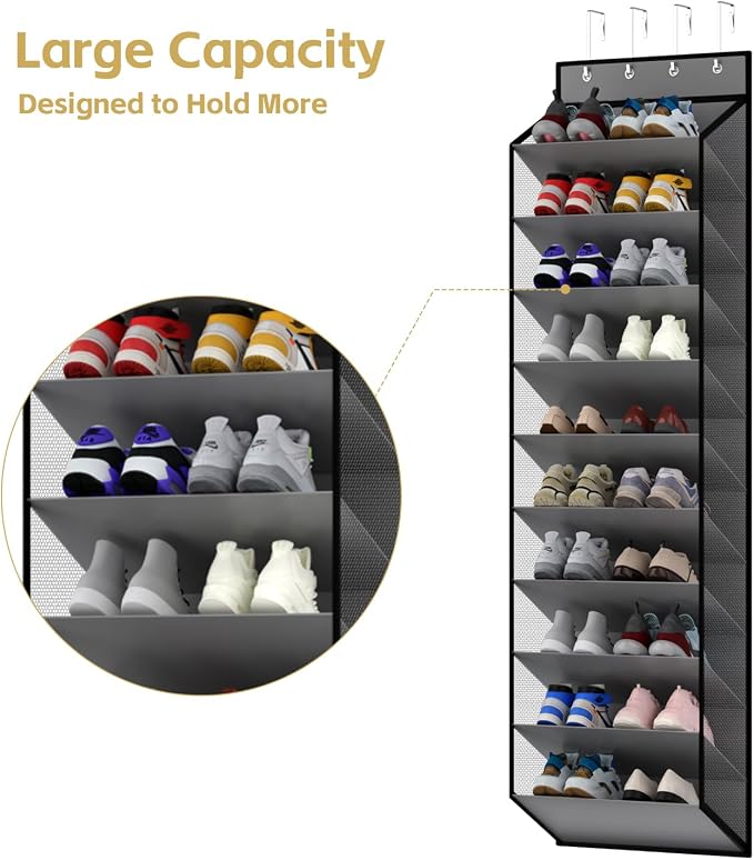 KEEPJOY 10 Tiers Mesh Over Door Shoe Organizer Storage, Hanging Shoe Holder for Door with Large Deep Pockets, Holds 20-30 Pairs of Shoes, Ideal for Sneakers & Boots(Grey) - Image 5