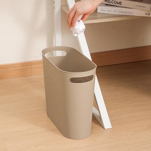 rejomiik Small Trash Can, 3.5 Gallon Slim Garbage Can Plastic Waste Basket with Handles Container Bin for Narrow Spaces Bathroom, Bedroom, Kitchen, Office at Home, Khaki - Image 6