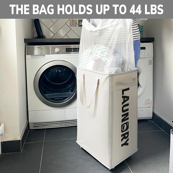Goodpick Laundry Baskets with Wheels and Handle, 2-Pack 75L Collapsible Laundry Baskets, Clothes Laundry Basket with Removable Wash Bags for Corner Dorm, White Rolling Laundry Hamper - Image 6