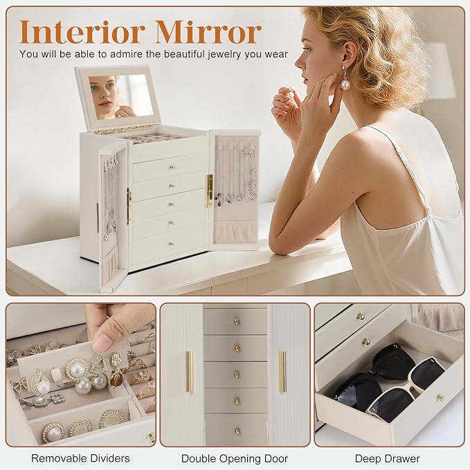 Dajasan Large Jewelry Organizer Box, Jewelry Boxes for Women Girls, 6-Tier Jewelry Storage Organizer with Mirror for Necklace Ring Bracelet Watch, Gift Idea (Beige) - Image 6